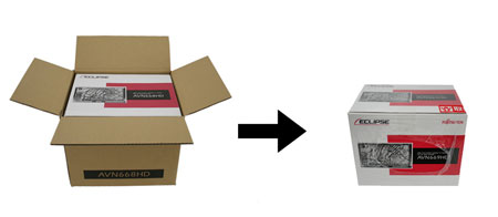 （左）従来の段ボール包装／（右）今回採用した「シュリンク包装」